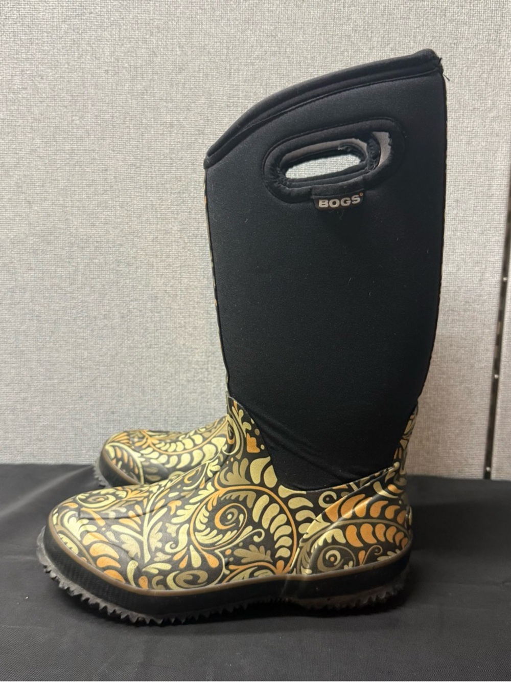 Bogs Black Tall Rain Boots with Olive and Gold Scroll Design - Picture 2 of 11